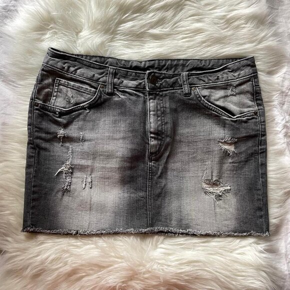 Grey Distressed Mini Denim Skirt - Picture 1 of 6